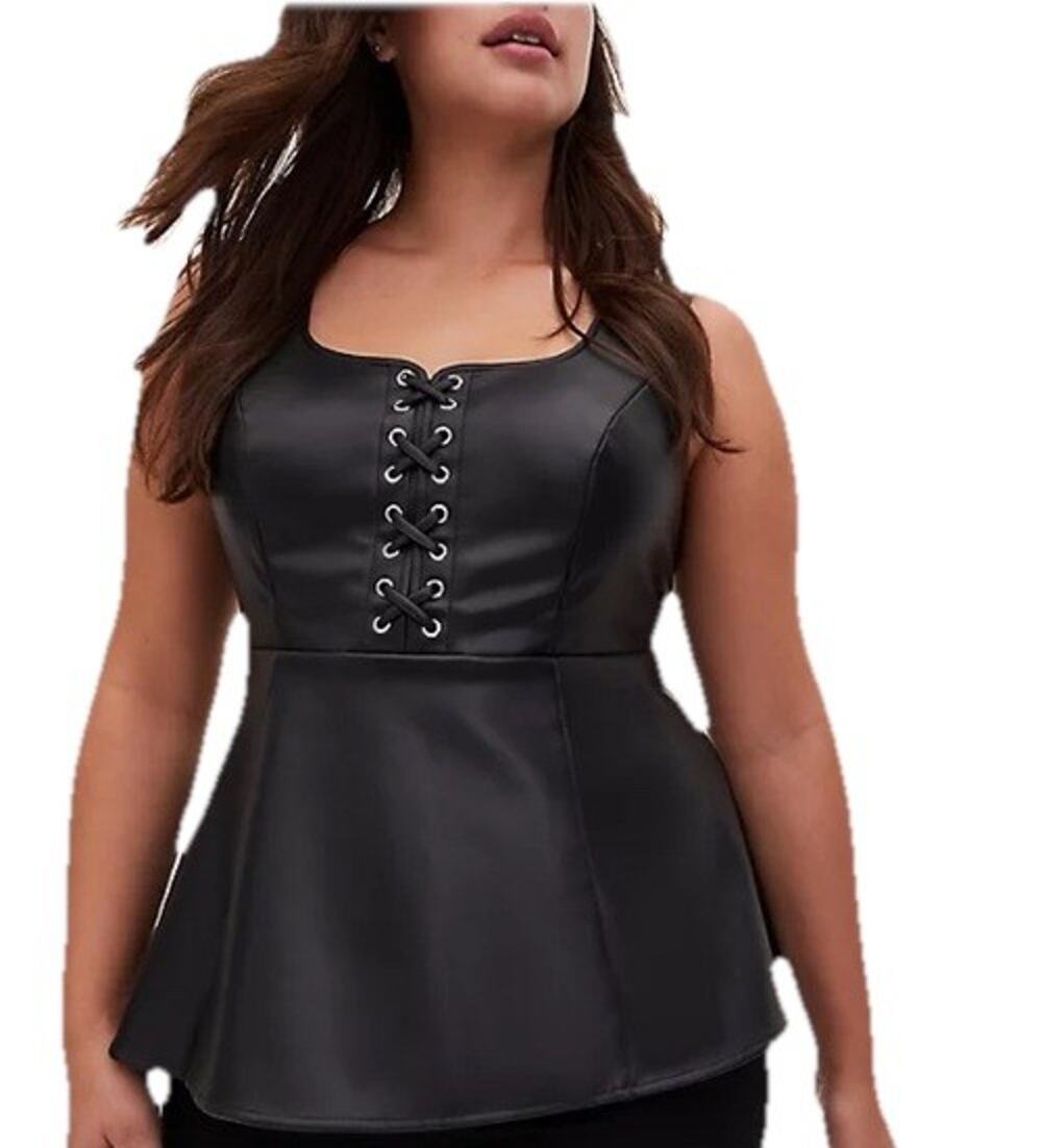 Torrid Corset Top Black Faux Leather Lace-Up Peplum Whimsigoth Rock Coquette 1